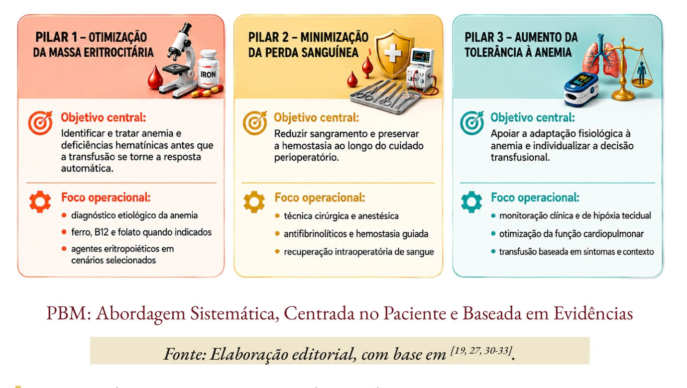 Os três pilares do Patient Blood Management: otimização da massa eritrocitária, minimização da perda sanguínea e aumento da tolerância à anemia
